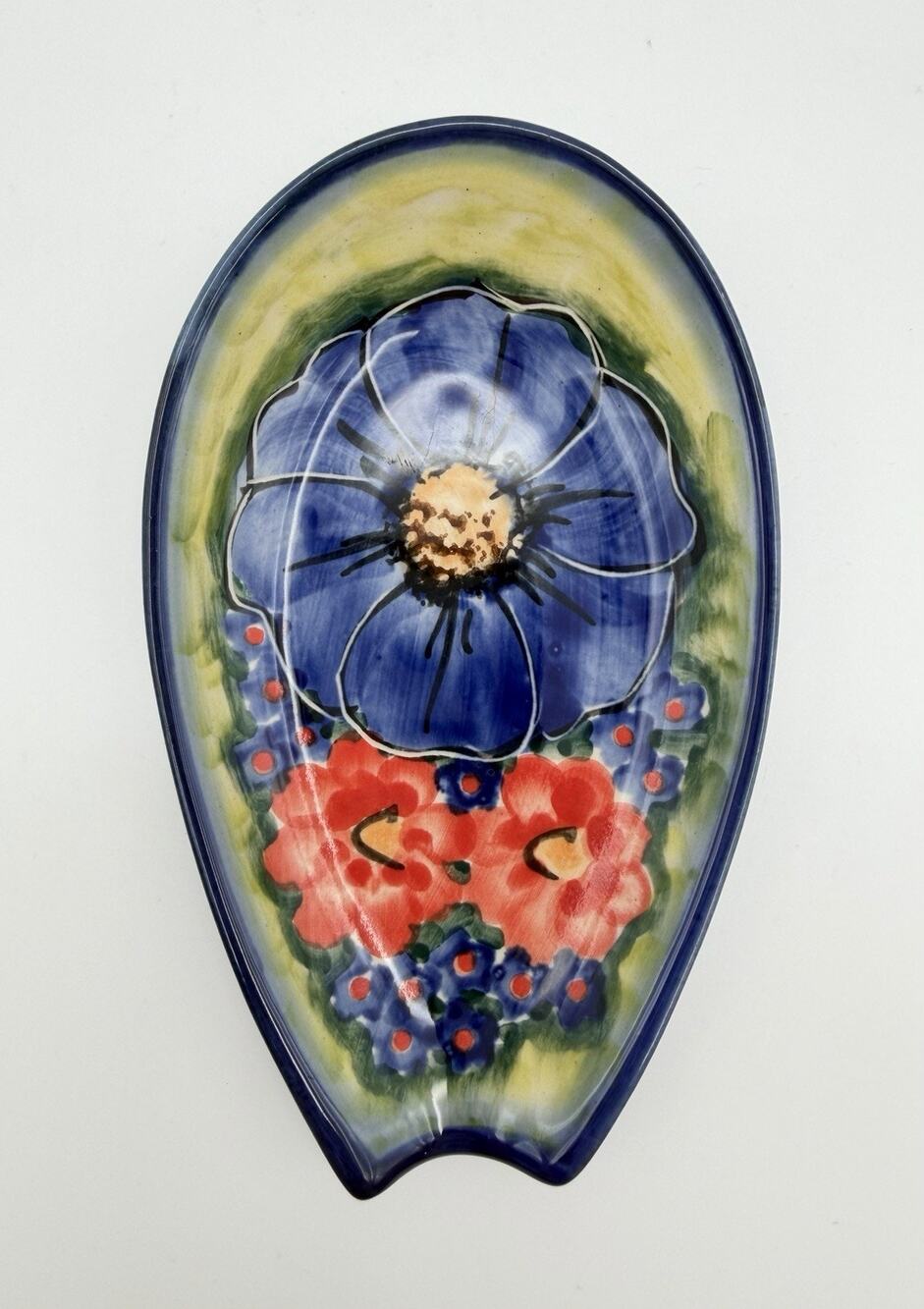 Blue Rose Polish Pottery Hand Painted Floral Spoon Rest 5” Handmade in Poland